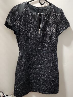 Karen Millen Black Tweed Mini Dress with Faux-Leather Trim